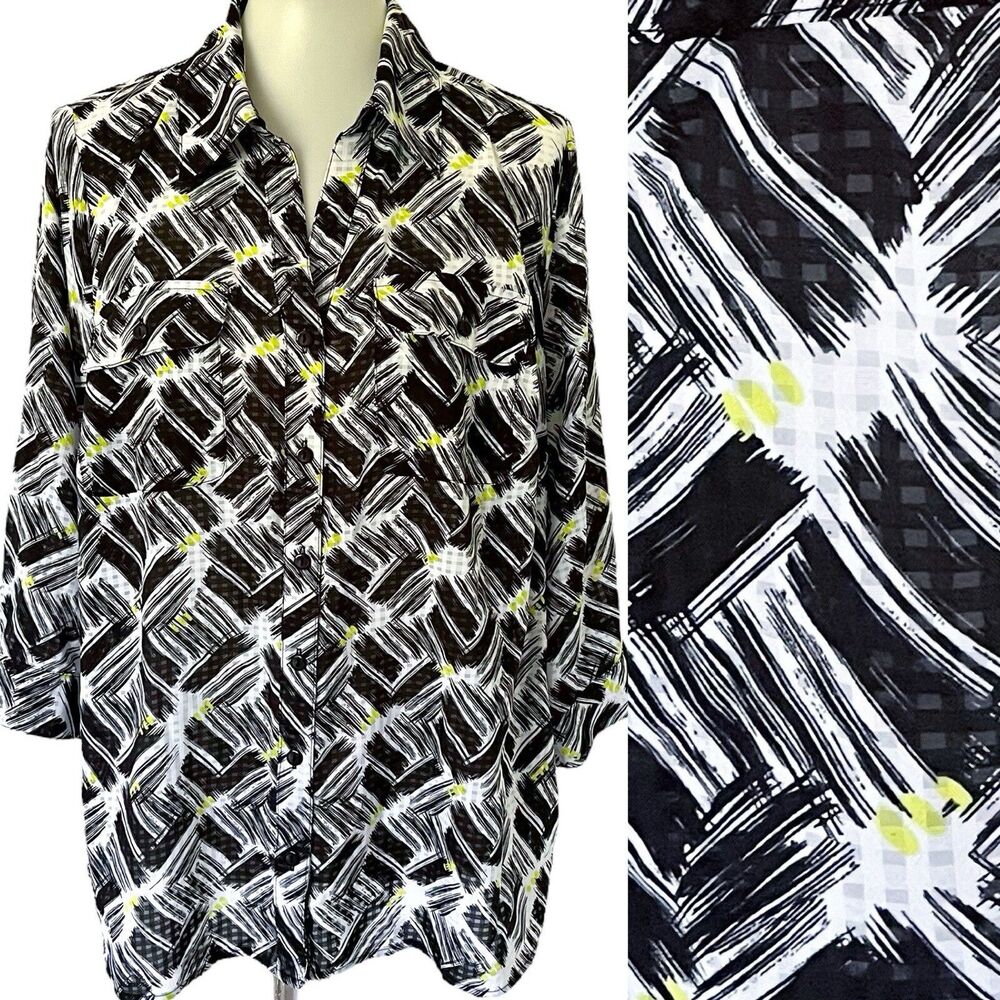 Kim Rogers Curvy Abstract Black White Multicolor Button Front Blouse Top Shirt